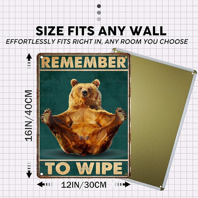 Vintage Bear Tin Sign Remember To Wipe Retro Bathroom Metal Sign Nostalgic Wall Decor Decorations for Home Toilet Cafe Kitchen Bar Man cave 16 * 12In