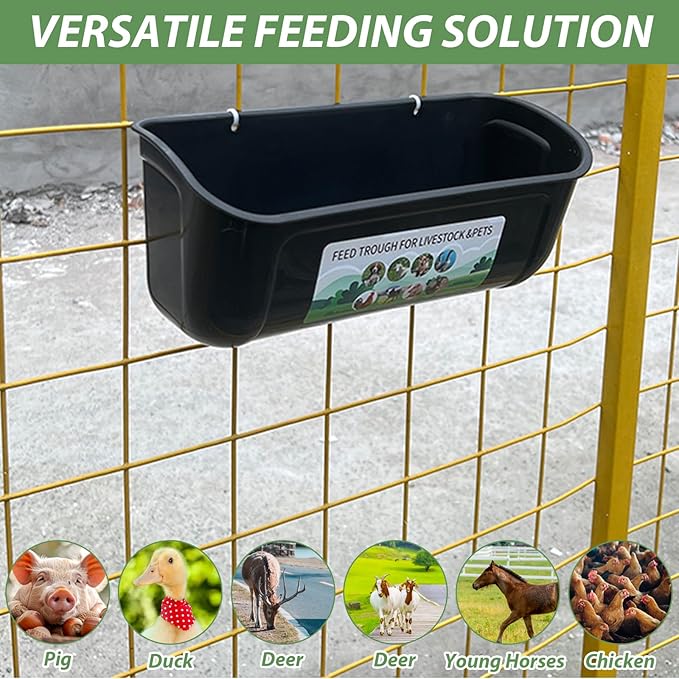6 PCS Black Goat Feeder Hanging Pig Feeder with Clips 5 Quart Chicken Feeder Trough Poultry Feeder Hanging Goat Mineral Feeder Chicken Coop Feeder and Waters for Livestock, Pets, Poultry