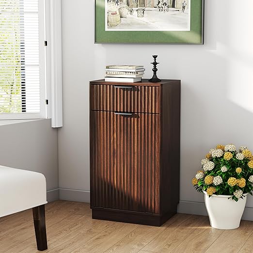 Woodgrain Tilt Out Trash Can Cabinet 13 Gallon, Hidden Kitchen Garbage Can with Drawer, Pull-Out Recycling Bin, Farmhouse Laundry Hamper Organizer (Walnut)