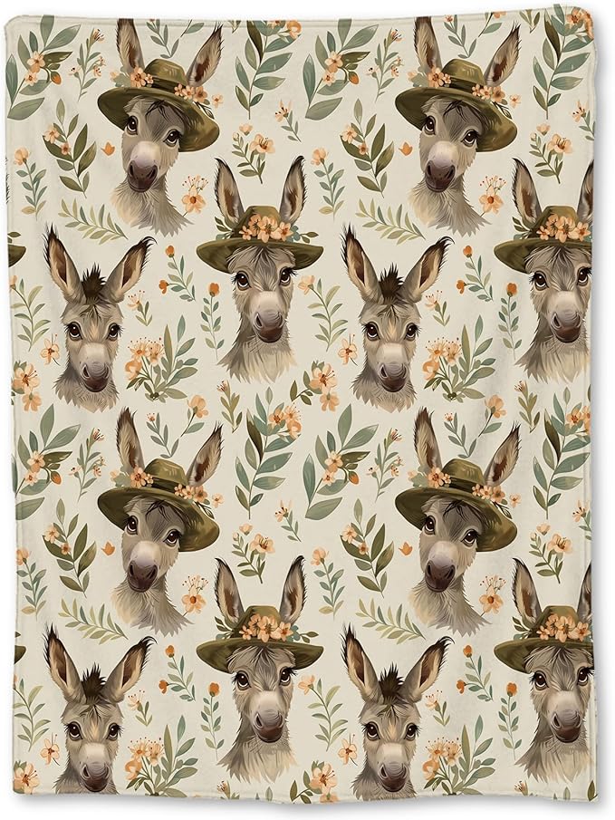 Charming Donkey in Hat & Floral Blanket, Soft Warm Flannel Throw for Couch, Bed, Travel, Living Room & Home Decor, Cozy Lightweight Fuzzy Blankets for Adults Kids Women Boys Girls 80×60 in