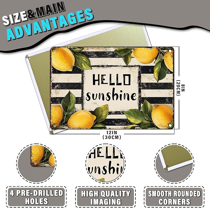 Vintage Metal Sign Hello Sunshine Lemon Summer Spring Farmhouse Retro Tin Sign Metal Poster Vintage Metal Tin Sign Wall Decor for Bars Restaurants Cafes Home Decoration 8x12inch