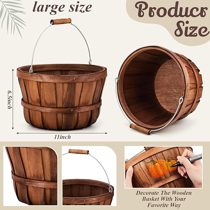 Marsui 8 Pcs Natural Wooden Fruit Baskets 11'' x 6.5'' - Fall Thanksgiving Halloween Decoration, Farmhouse Harvest Storage Bin, Portable Handle Apple Basket for Kitchen Farm Party Home Gift Giving