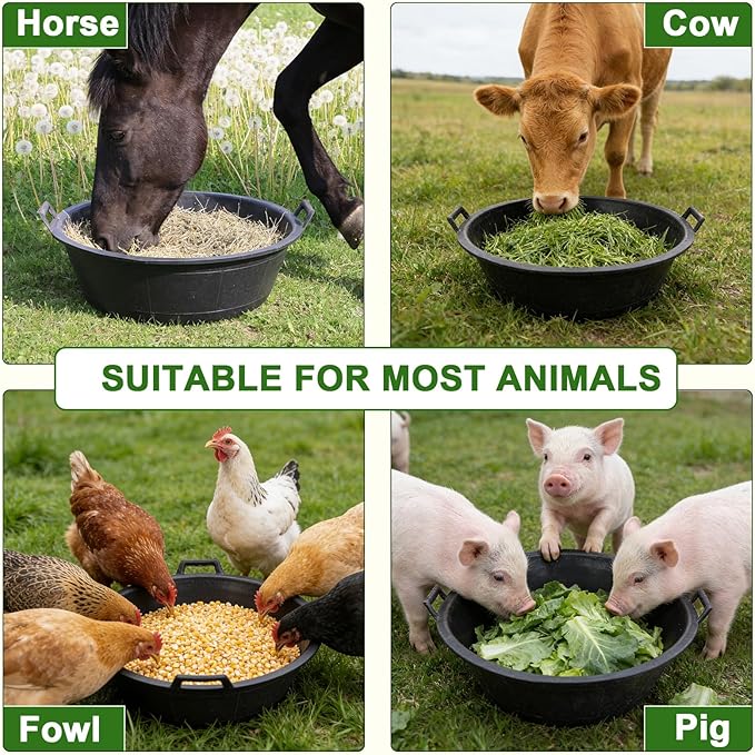 4Pcs Large Rubber and Plastic Feed Pan with Handle, 8.6 Gallon/ 34 Quart Plastic Feed Pan Utility Horse Feed Bucket for Cats Dogs Goats Chicken Dust Bath Container Animal Feeding Watering Bowl