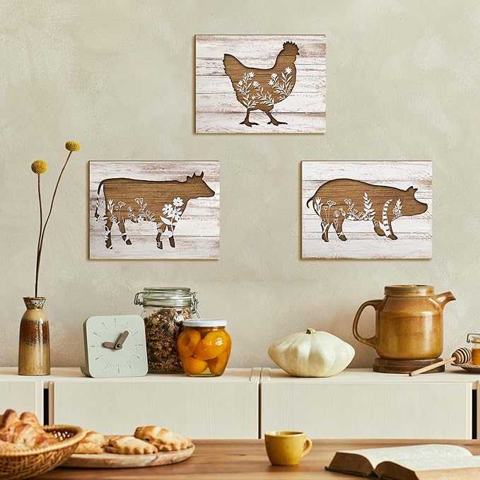 Jetec 3 Pieces Farmhouse Kitchen Signs Cow Rooster and Pig Decors 7.9 x 5.9 Inch Rustic Wooden Signs Country Wall Decorations for Kitchen Wall Ornaments and Home Supplies (Cute Style)
