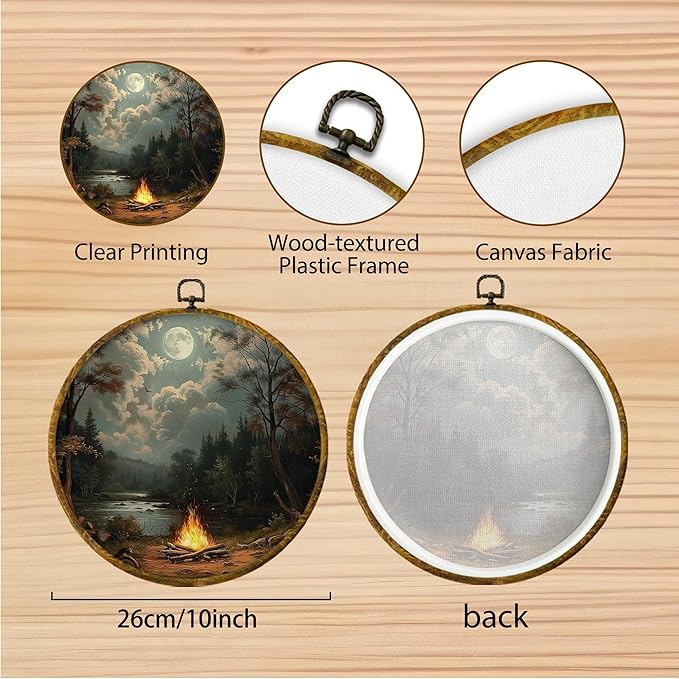 Hiuwevt Forest Campfire Round Wall Art Decor, Vintage Moody Pine Tree Campsite Framed Canvas Prints, Retro Rustic Forest Camping Round Wall Hanging Decor for Bedroom Home Decorations, 10x10 Inches