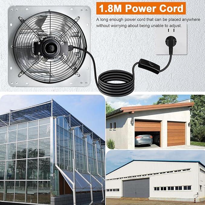 Hiorucet 7 Inch Shutter Exhaust Fan Wall Mounted with 1.8 Meters Power Cord, 760CFM Low Noise Aluminum Louvered Exhaust Fan for Greenhouse, Garage, Shop, Attics, Shed, Chicken Coop Ventilation Fan.