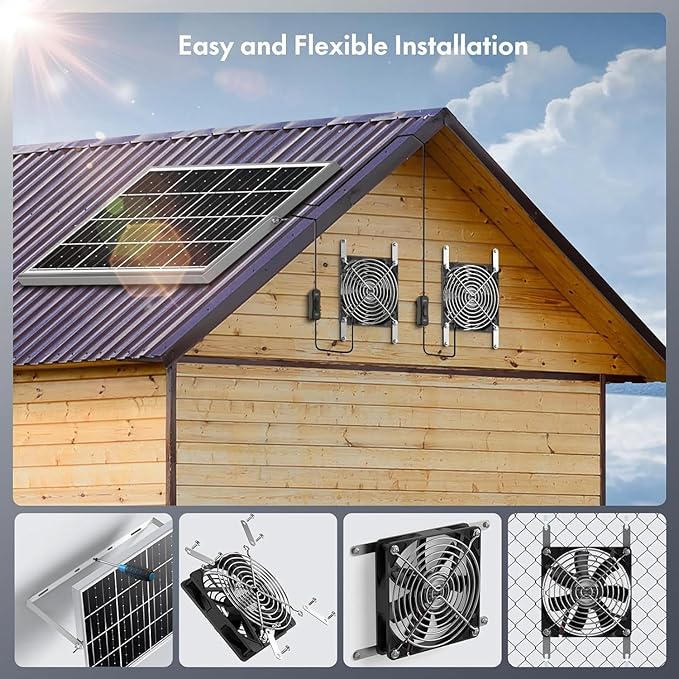 15W18v Solar Powered Dual Fan Kit IPX6 Waterproof - 5" High Speed Cooling for Chicken Coop, Barn, RV, Dog House, Green Energy, Automatic Exhaust Fan with Cable (Easy to Install)