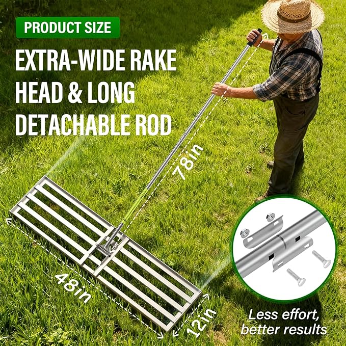 48x12 inch Lawn Leveling Rake,Heavy-Duty Stainless Steel Landscape Rake with an Adjustable 78'' Extra Long Handle Lawn Leveling Tool for Yard,Backyard,Garden,Golf,Farm,Pasture