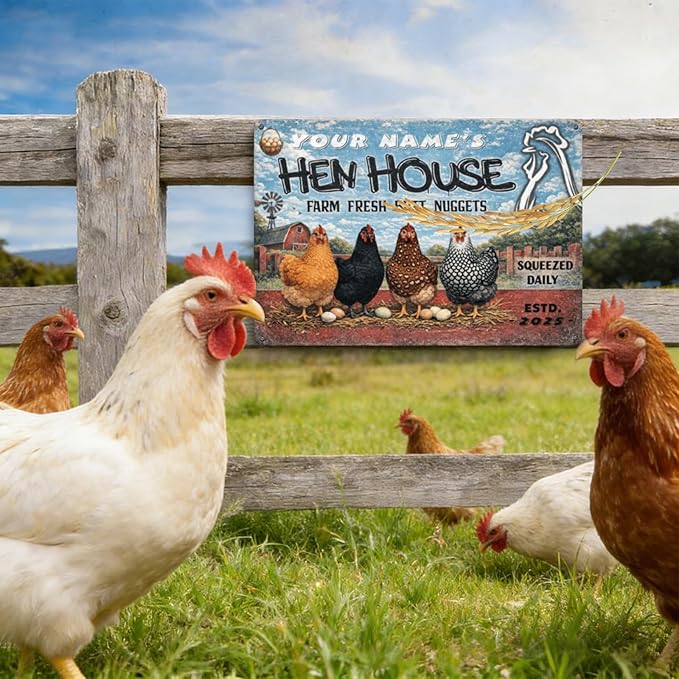 Personalized Hen House Sign with Your Name & Date, Funny Farm Fresh B-u-t-t Nuggets Saying, Custom Rustic Metal Plaque for Chicken Coop & Farmhouse Decor, Vintage Barn Wall Art