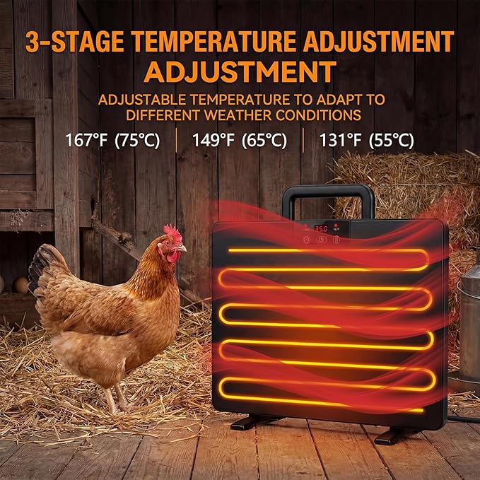 2 in 1 Winter Chicken Coop Heating Kit with Smart Thermostat, 15.7" x 12" 200W Adjustable Coop Heater for 20 Chicks & 75W Heated Waterer, 3 Temp Settings & 5 Timer Modes, Energy Efficient for Chickens