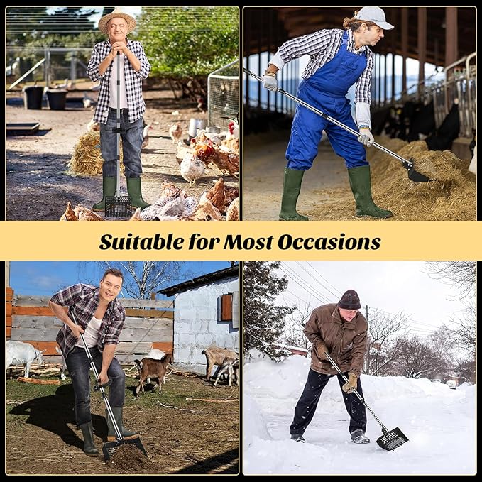 Chicken Poop Scooper & Rake, 2-in- Metal Litter Scoop Sand Sifting Shovel with 28" to 55" Adjustable Stainless Steel Handle for Chicken Coop Accessories/Supplies, Farm, Sheep Pen, Cat Litter, Black