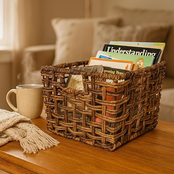 Handwoven Abaca Wicker Basket Set of 3 – 12x10x8 Open Weave Storage Baskets, Natural Woven Bins for Pantry, Bookshelf & Closet Organization, Sustainable Decorative Rattan Design