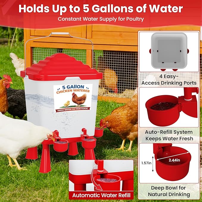 Chicken Feeder and Waterer Set, 5 Gallon Automatic Chicken Waterer with Cups, 40LB Large Chickens Feeders No Waste, Chicken Coop Accessories, Poultry Feeder & Chicken Watering System for Ducks, Quails