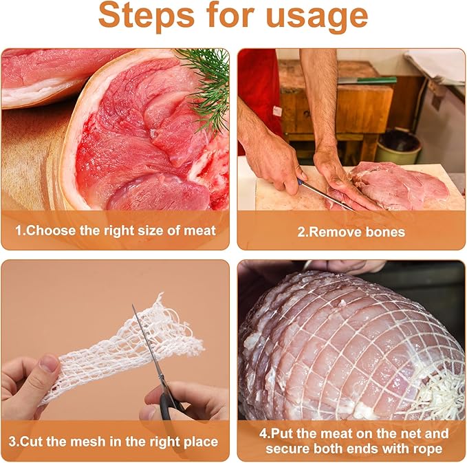 5m Meat Netting Roll, Size 16, Elastic Ham Netting Smoked Meat Poultry Ham Netting Beef Netting Precut Butcher Twine Netting for Meat Cooking Meat Sausage Making