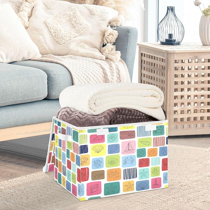 Colorful Sea Marine Theme Squares Storage Bins with Lids Foldable Storage Basket with Handles Collapsible Large Fabric Organizer Containers for Clothes Shelves Closet Office Home