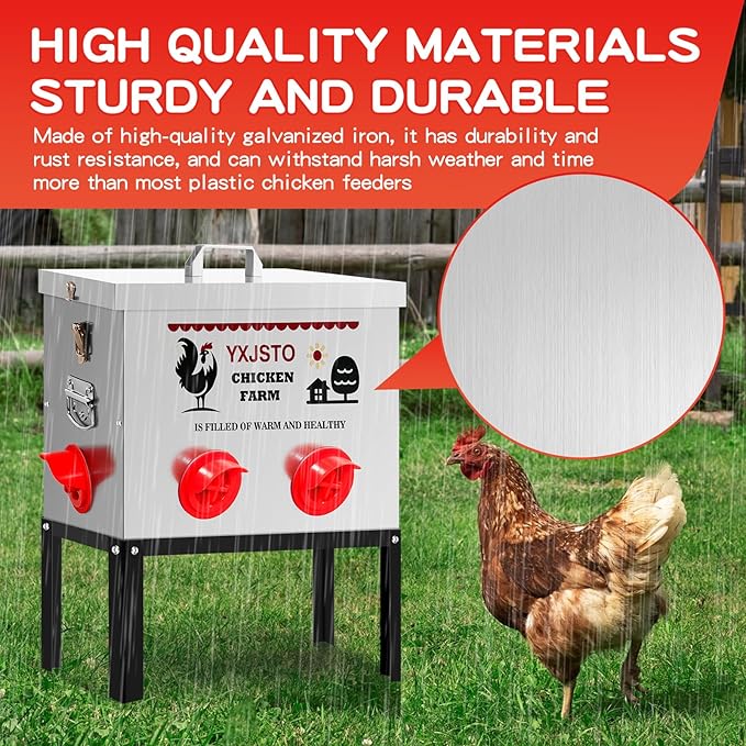 40LB Automatic Chicken Feeder with 6 Ports, Heavy Duty Metal No-Waste Poultry Feeder, Rustproof & Weatherproof Chicken Feeder with Adjustable Legs & Locking Lid