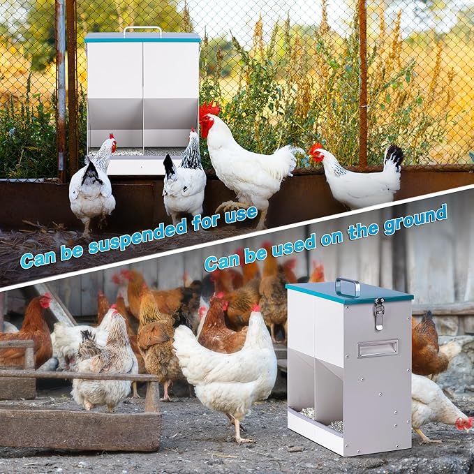 10L Chicken Grit and Oyster Shell Feeder Combo with Lid Hanging Duck Feeder Automatic Metal Gravity Chicken Feeder Poultry Coop Accessories for Goose Hens Eggs (Blue)