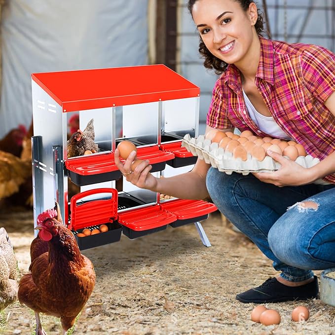 Chicken Nesting Boxes 6 Compartments Chicken Laying Boxes Roll Away Egg Collection Metal Poultry Nest Box with Perch and Lid Cover Free Standing Egg Laying Boxes for Hens Chicken