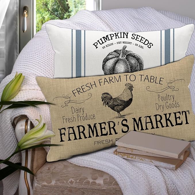 Retro Farmhouse Chicken Pillow Covers 12x20 inch Vintage Thanksgiving Day Farmer's Market Cock Poultry Goods Dairy Fresh Produce Lumbar Pillow Farm Decor Throw Cushion Case for Home Couch Pillowcase