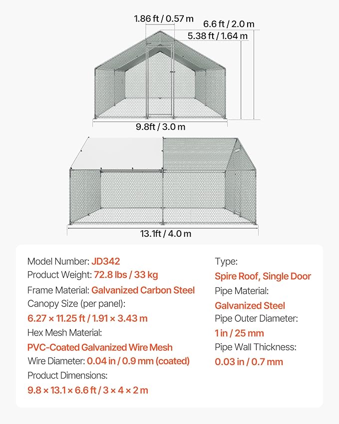 VEVOR Large Metal Chicken Coop, 9.8x13.1x6.5 ft Large Walk in Chicken Runs for Yard with Cover, Hen House Enclosure with Security Lock, Outdoor Duck Rabbit Cage Poultry Pen for Backyard, Farm, Yard