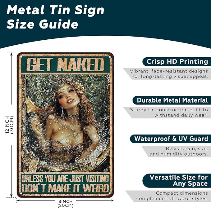 Mermaid Metal Sign Vintage Mermaid Bathroom Wall Art Decor Get Naked Unless You Are Just Visiting Don't Make It Weird Bathroom Accessories Tin Poster Home Toilet Cafe Office Decor 12x8 Inch