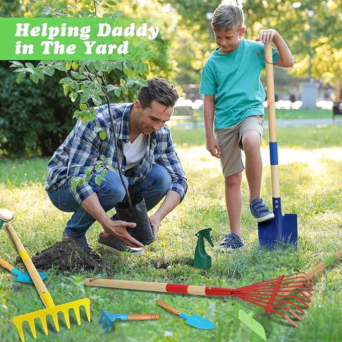 Kids Gardening Tools Set, Gardening Set for Kids, Outdoor Backyard Farm Digging Toys with Wheelbarrow Shovel, Rake, Trowel, Fork, Birthday Gifts for Boys Girls Age 3+