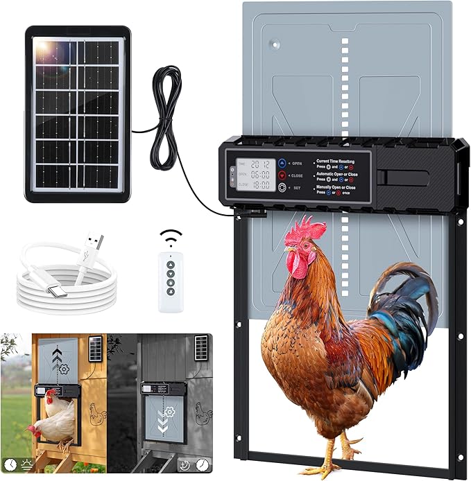 Automatic Chicken Coop Door Solar Powered with Timer & Light Sensor, LCD Display, Remote Control, 4 Modes Aluminum Alloy Auto Chicken Coop Door Solar, Anti-Pinch & Weather Proof