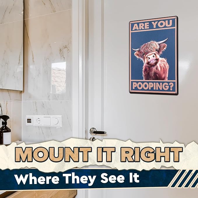 Are You Pooping Highland Cow Sign - Funny Bathroom Decor Metal Sign with Anti-Rust Coating 12x8 Inch - Highland Cow Decor for Home, Metal Wall Plaque for Toilet, Tin Wall Art – Farmhouse Funny Bathroom Art