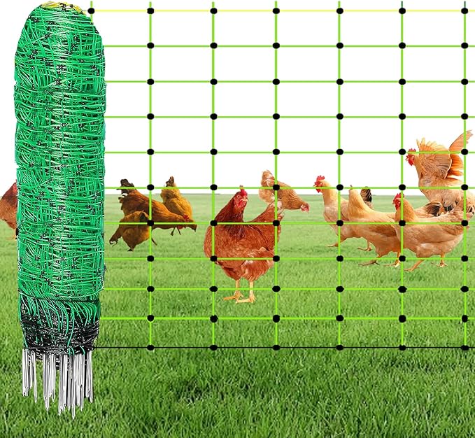 Solar Powered Electric Fence, Electric Poultry Netting, Electric Anti-Predator Poultry Fence, with 14 Posts Double Spiked, 35.4" H*164' L, for Ranches, Farms, Backyards