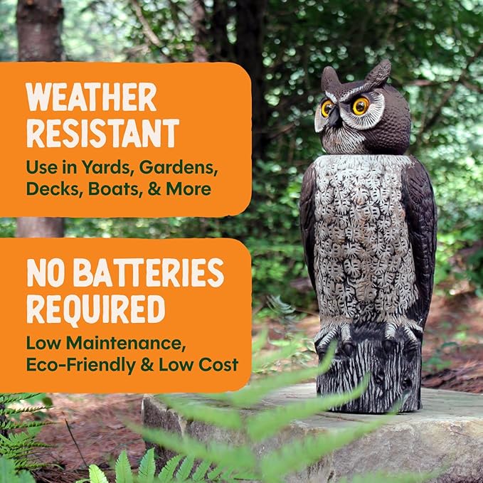 Dalen Large Rotating Head Fake Owl Decoy to Scare Birds Away - 18” Tall - Garden Scarecrow Owl with 360º Rotating Head