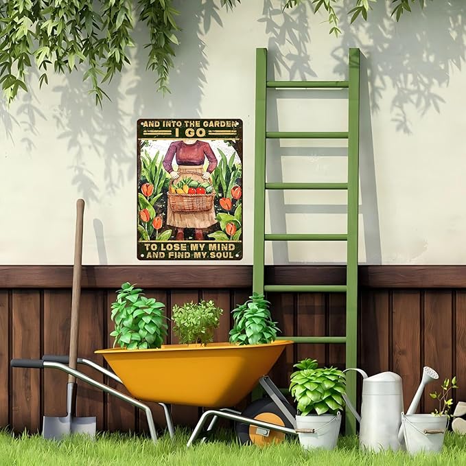 ARTWALLURE Garden Sign Vintage Girl Metal Decor And Into The Garden I Go to Lose My Mind and Find My Soul Gardening Sign Retro Decoration for Outdoor Patio 12x16inch