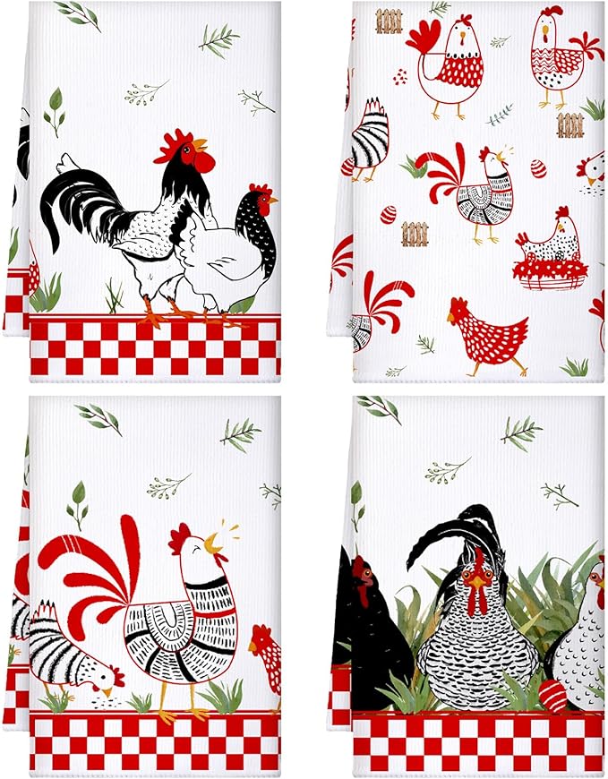Geyoga 4 Pcs Chicken Kitchen Towels Rooster Dish Hand Towels Farm Animal Cow Vintage Rustic Tea Cloth for Spring Easter Bathroom Farmhouse Decor Gifts, 16 x 24 Inch(Red, Black, White,Farmhouse)
