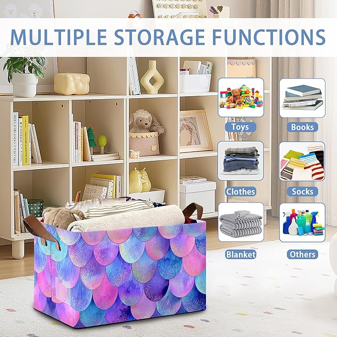 Glitter Fish Scales Storage Baskets,Mermaids Foldable Organizer Bin with Handles for Home Living Room Bedroom Closet Box 17x11.5x10Inch
