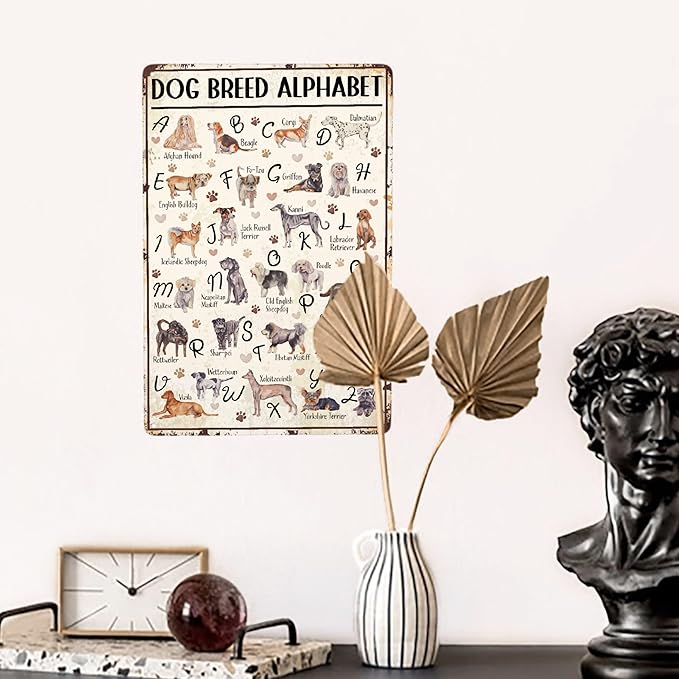 JOCASA Dog Breed Alphabet Vintage Metal Poster Sign Decor-Retro Aluminum Metal Tin Sign for Home Wall Decor, Garden, Bedroom, Signs Gift,12''x 8''