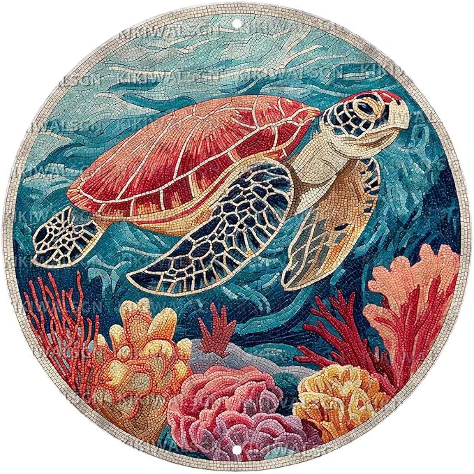 Vintage Sea turtles Round Metal Sign Retro Beach Tin Sign Nostalgic Wall Decor Decorations for Home Bedroom Living Room Cafe Bar Toilet Bathroom 8 * 8 In