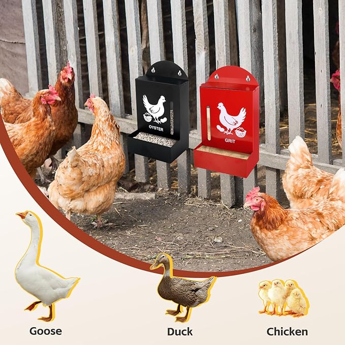 2 Pack Chicken Grit and Oyster Shell Feeder, Metal Oyster Shell Feeder with Visual Window and Lid, Hanging Gravity Chicken Grit Feeder, Chicken Coop Accessories for Healthier Hens and Eggs