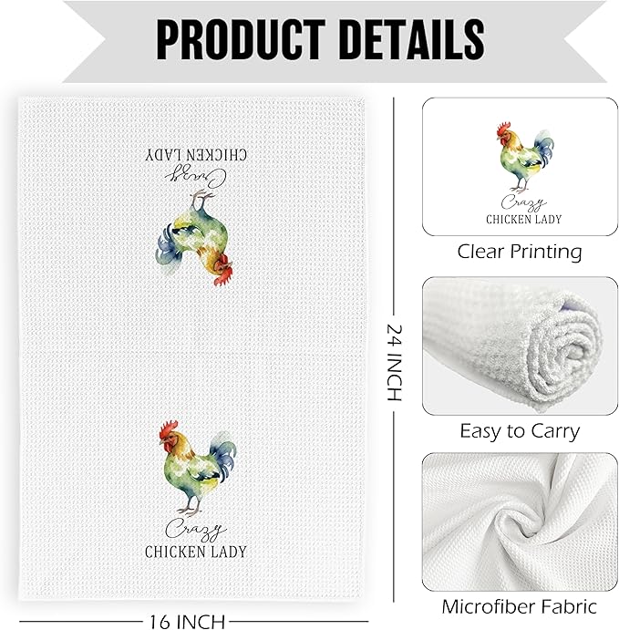 Crazy Chicken Lady Kitchen Dish Towels 16x24 Inch, Funny Gifts for Chicken Lover Mom, Sarcastic Green Mama Decorative Hand Tea Towels for Farmhouse Home