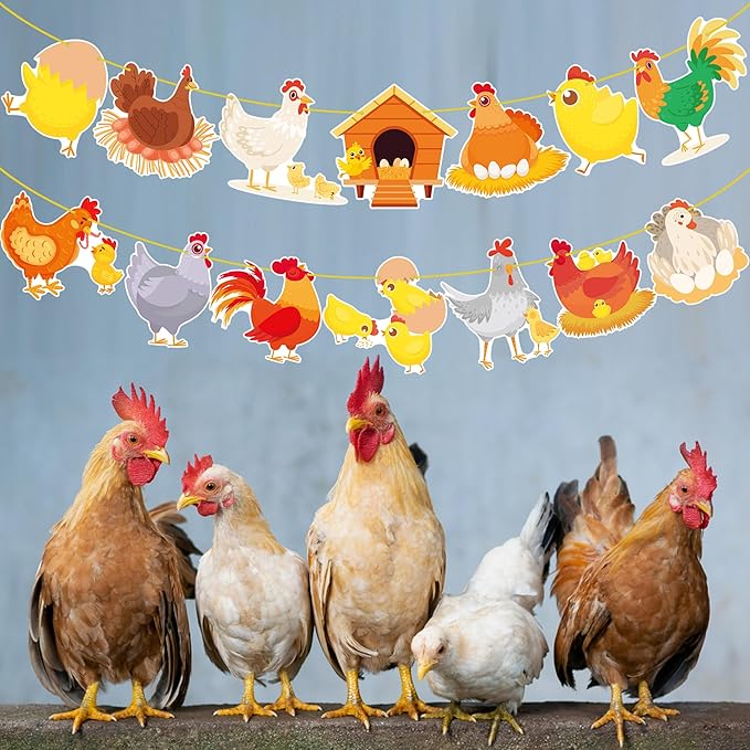 Chicken Party Banners Chicken Birthday Decorations 2PCS Farm Chicken Theme Party Supplies Chick Hen Cutout Banners for Farm Rooster Animals Baby Shower Supplies