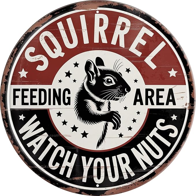 Squirrel Feeding Area Metal Sign 8x8in Round Garden Plaque for Yard Wall Decor Wildlife Gift