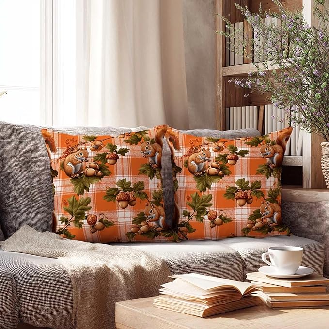 Fall Squirrel Throw Pillow Covers 18x18 Inch, Set of 2 | Autumn Woodland Plaid Square Cushion Cases for Couch Sofa Living Room | Rustic Farmhouse Home Decor, Decorative Pillowcases