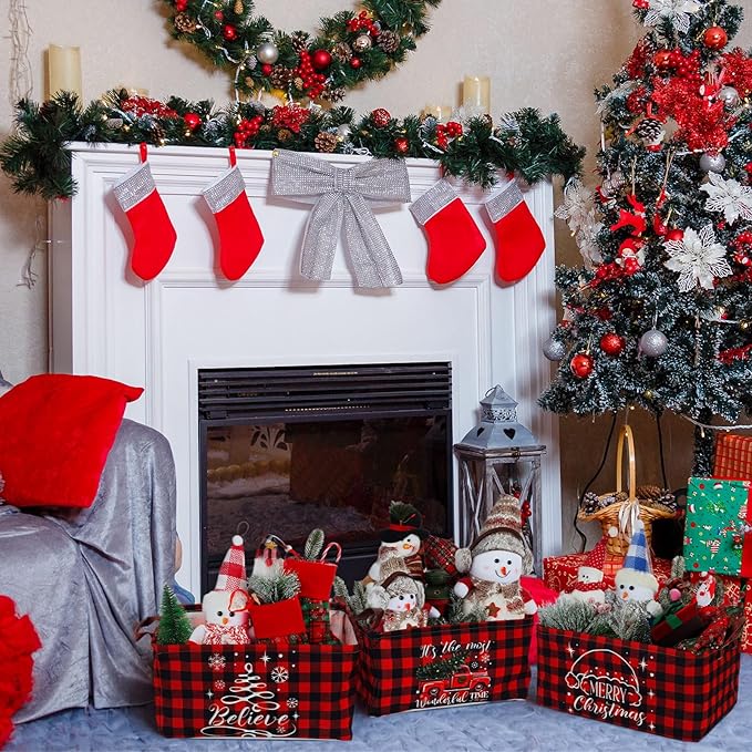 CHENGU 6 Pack Christmas Storage Basket Collapsible Christmas Basket for Gifts Buffalo Plaid Holiday Decor Large Snowman Bin Foldable Xmas Tree Box with Handle for Bedroom Office Home