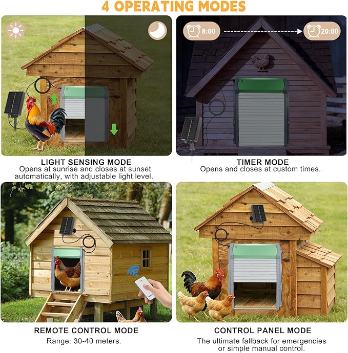 Automatic Chicken Coop Door, Solar Powered Chicken Coop Door with Timer & Light Sensor, Anti-Pinch Function, 4 Modes, Remote Control, IP65 Weatherproof for All Seasons