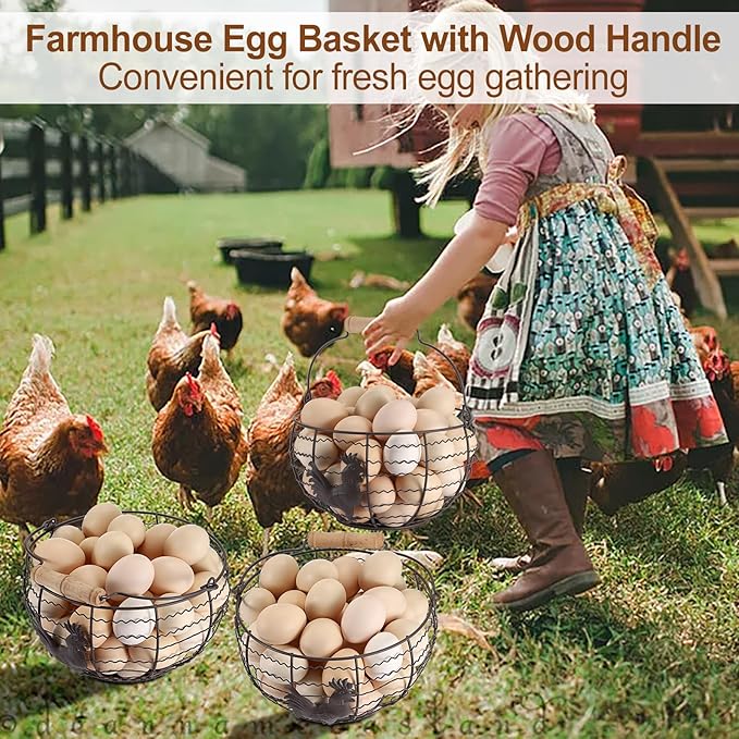 Farmhouse Egg 8'' Basket for Gathering Fresh Eggs, Rustic Metal Wire Chicken Eggs Holder Basket for Countertop Kitchen, Wire Egg Basket Vintage Style, Round, Rooster Pattern, Solid Bottom