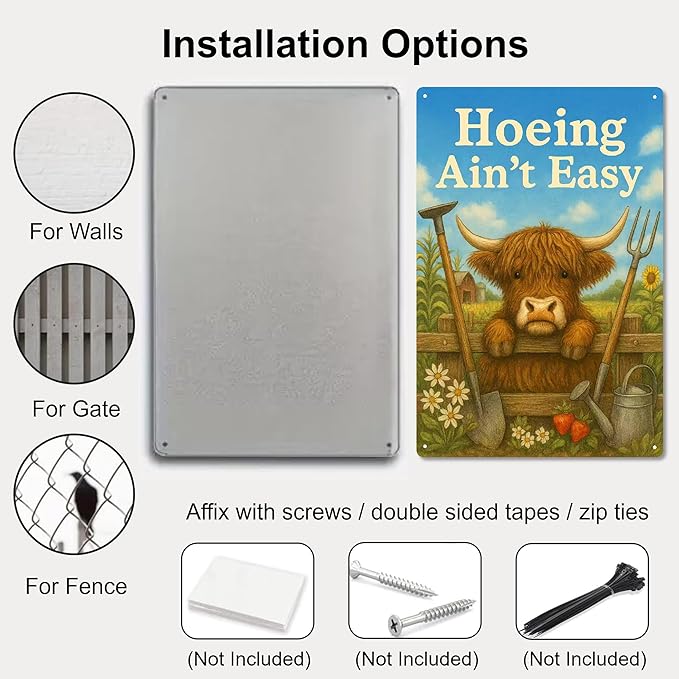 “Hoeing Ain’t Easy” Garden Sign, Funny Highland Cow Metal Yard Signs for Outside, Shed Decorations Outdoor for Patio, Kitchen – Cool Gifts for Garden Lovers Weatherproof Farm Humor Plaque - 8x12 Inch