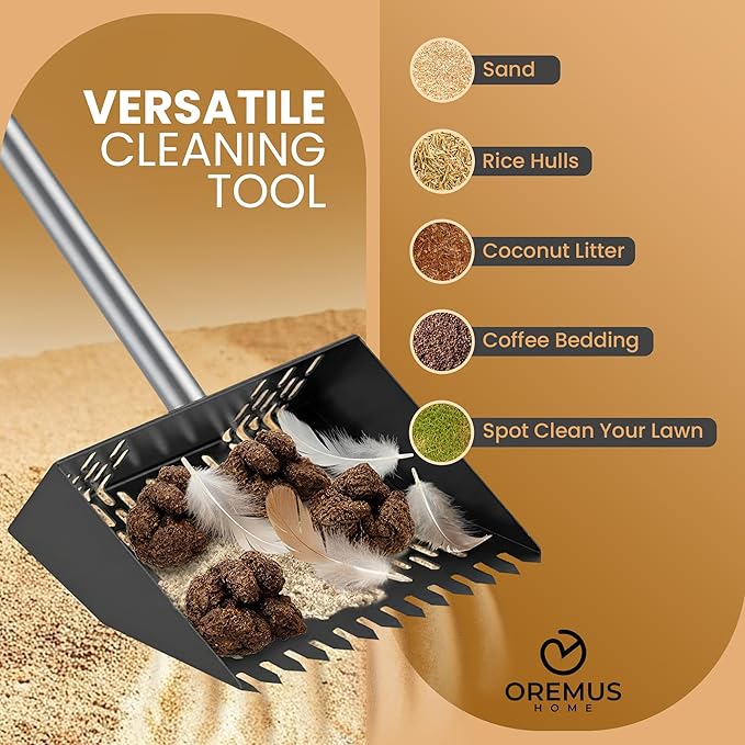 Chicken Poop Scooper & Rake 2-in-1,Metal Coop Shovel 10 inches Sand Sifting Shovel, Chicken Coop Scooper, Adjustable Stainless Steel Handle (35" to 62"), Cleaning Tools for Chicken Coops