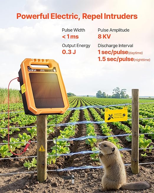 VEVOR Solar Fence Charger, 0.3J 8 kV Solar Powered Fence Charger, Weather-Resistant Electric Fence Energizer Kit, 7 Days Runtime, for Livestock, Poultry, Garden Protection
