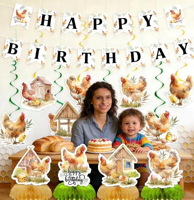 Chicken Birthday Party Decorations - 14 Pcs Happy Cute Banner Hanging Swirls Honeycomb Centerpieces Set Farm Animals Chick Hen Themed Supplies Favors for Kids Boys Girls Wall Ceiling Decor