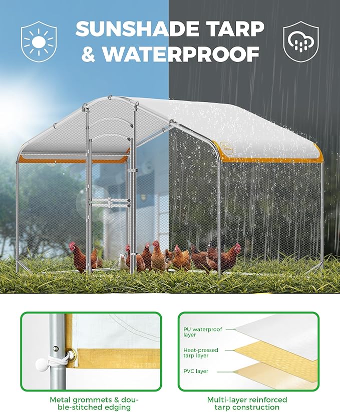 Large Metal Chicken Coop with Run, 6.3FT Walk-in Chicken Run for Yard with Waterproof & Anti-UV Cover, Spire Roof Outdoor Poultry Cage for Chickens Ducks Rabbits Backyard Farm