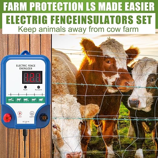 Electric Fence Kit, 8 Mile 12kV 2J Electric Fence Charger AC/DC Powered with 50 Insulators, Socket Tool, 250ft Aluminum Wire for Livestock Control, Predators Deterrent(LCD Display Ver.,Blue)