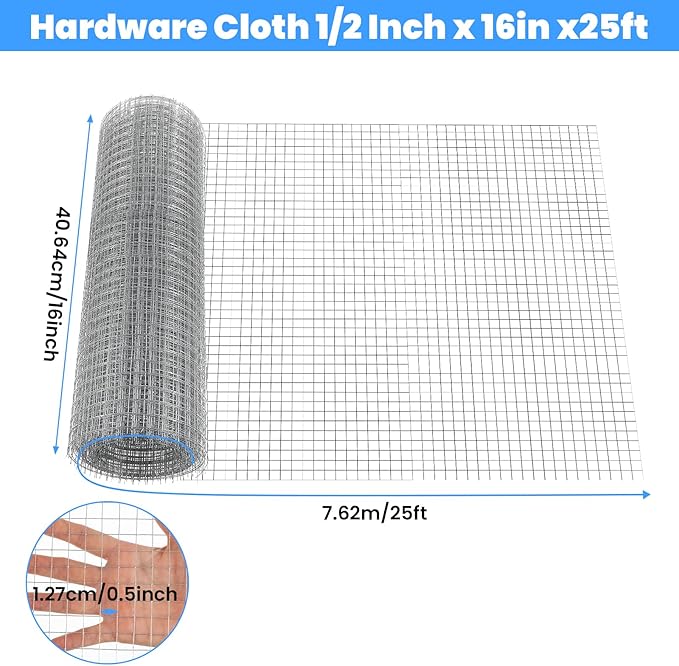 Chicken Wire Mesh,16In×25Ft 23GA, 1/2 Inch Mesh Hot Dipped Galvanized After Welding Hardware Cloth, Cuttable Chicken Netting, Garden Fence Supports, Poultry Netting Cage